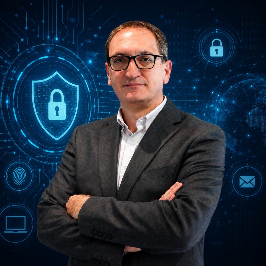 Retrato de Diego Macor, de brazos cruzados, sobre un fondo con iconografía de ciberseguridad